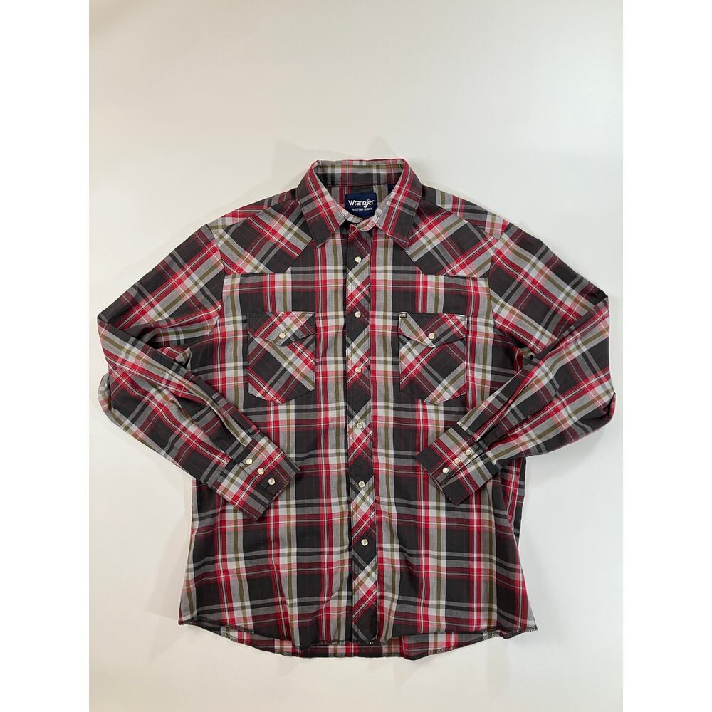 Wrangler Western Shirt Mens Large Red Black Plaid Pearl Snap Cowboy Long Sleeve